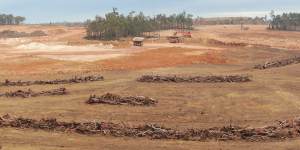 The emus only just visible in the foreground of this picture of Alcoa’s operations highlight the large area required for strip-mining – a process that removes all biological material from the site to access the flat rock layers beneath. 