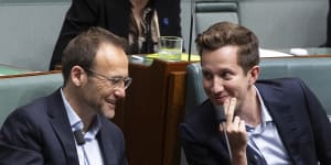 Greens leader Adam Bandt and spokesperson for Housing and Homelessness Max Chandler-Mather in parliament on Monday.