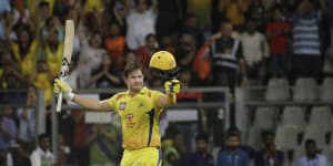 Shane Watson celebrates a century for the Chennai Super Kings in the IPL in 2018.