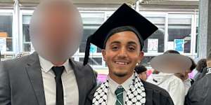 Jad Salamah wears the scarf depicting the keffiyeh pattern on his graduation day at Condell Park High School in September 2024.