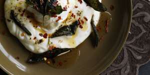 Neil Perry’s Turkish-style poached eggs with Greek-style yoghurt,sage and chilli recipe.