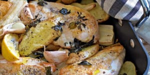 Baked chicken with parsnip and potato.
