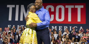 Republican presidential candidate Tim Scott hugs his mother Frances Scott after announcing his candidacy for president on the campus of Charleston Southern University in South Carolina.