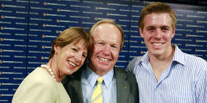 Honoured...Peter Beattie with his wife Heather and son Matthew.