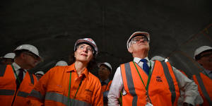 Berejiklian and Prime Minister Malcolm Turnbull watch the first tunnel breakthrough of the NorthConnex project in West Pennant Hills.