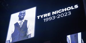 A screen honours Tyre Nichols before an NBA basketball game between the New Orleans Pelicans and the Washington Wizards.