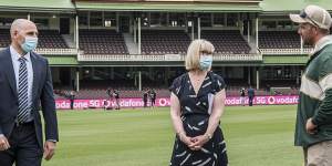 Venues NSW boss Kerrie Mather (centre) says capacity at the ground will be reduced to 25 per cent for the third Test.