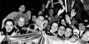 Scenes from Homebush Bay after the announcement,September 24,1993.