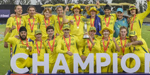 Australia celebrate winning the under-19 men’s World Cup after beating India in South Africa.