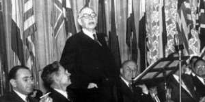 History in the making:A picture released by the International Monetary Fund shows British economist Lord John Maynard Keynes addressing the Bretton Woods Conference in July 1944.