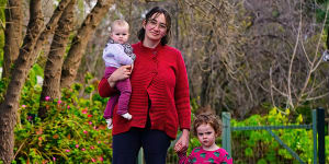 Katie Dircks with her children Ernie 2,and Ada,8 months,at their home in Bendigo.