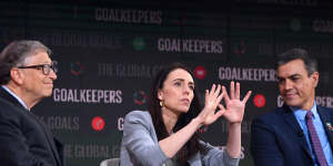 Bill Gates looks on as New Zealand Prime Minister Jacinda Ardern speaks at an event organised by the Bill&Melinda Gates Foundation in New York. 