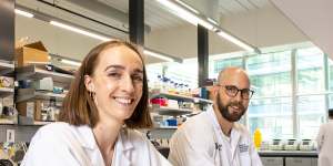 Monash PhD candidate Ashleigh Kropp and Dr Rhys Grinter in the lab.