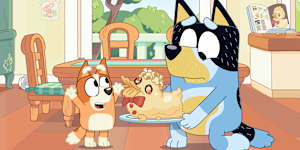 Bandit salvages his headless duck cake on Bluey.