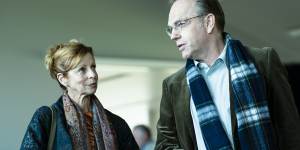 Long-time friends Heather Mitchell and Hugo Weaving play lovers Anita and Glen in the Binge series Love Me. 