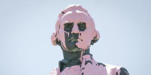 Day in,day out:The Captain Cook statue in St Kilda was vandalised with pink paint in 2018 amid growing discomfort over Australia’s colonial past.