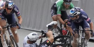 Peter Sagan,centre left,and Caleb Ewan,centre right,collided during the sprint towards the finish line.