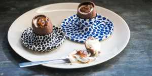 DIY creme eggs filled with dulce de leche caramel and mascarpone.