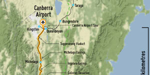 A map of the proposed Eden to Canberra railway line.