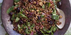 Karen Martini's salad of freekah with pickled red onion,fresh cherries toasted walnuts and mint.