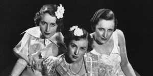 This promotional photograph for the inaugural Black&White Ball appeared in The Home magazine in 1936. From left Enid Hull,Anne Gordon and a young Nola Dekyvere.