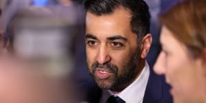 Humza Yousaf,speaks to the media after being announced as the new leader of the Scottish National Party (SNP) at Murrayfield stadium in Edinburgh,UK,on Monday.