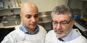 Professor Nigel McMillan (right) and Dr Luqman Jubair have been developing a way to edit the genes of cervical cancer cells to eradicate them.