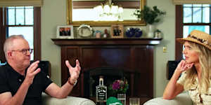 Prime Minister Anthony Albanese with Nikki Osborne on the Bush Deep comedy podcast last week.