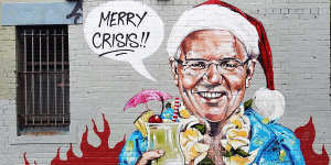 Scott Marsh painted this mural of Scott Morrison on a wall in the Sydney suburb of Chippendale.