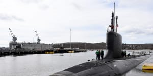 The Virginia-class attack submarine USS Delaware (SSN 791) is pierside at Naval Submarine Base New London. 