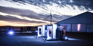 A car-charging station at Tesla's wind and solar battery plant outside of Jamestown,South Australia.