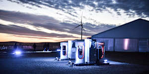 A car-charging station at Tesla's wind and solar battery plant outside of Jamestown,South Australia.