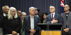 Prime Minister Anthony Albanese during a press conference alongside key Voice leaders on Thursday.