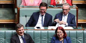 :Shadow Minister for Defence Angus Taylor and Shadow Minister for Defence Industry and Shadow Minister for Defence Personnel Melissa Price. Back row:Nationals leader David Littleproud and Deputy Nationals leader Kevin Hogan during Question Time