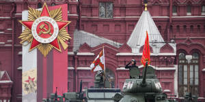 Russian military vehicles roll during the Victory Day military parade in Moscow,Russia.