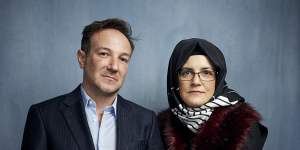 Director Bryan Fogel,left,with Khashoggi’s fiancee Hatice Cengiz at the Sundance Film Festival in Utah last year.