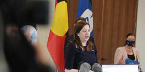 Queensland Premier Annastacia Palaszczuk announcing the state’s roadmap to reopening on Monday. 