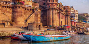 Varanasi:Ancient architecture along the Ganges river bank.