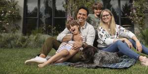 Massimo and Millie Di Maio with their children,Leo and Luca and their dog,Tilly,at their rural property in Jembaicumbene,near Braidwood.