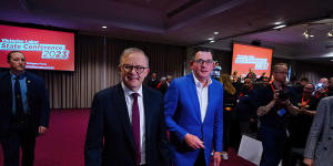 Anthony Albanese and Premier Daniel Andrews at the Victorian Labor State Conference last weekend,when the prime minister announced more social housing.