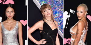 Olivia Rodrigo in Ludovic de Saint Sernin,Taylor Swift in Versace and Doja Cat in Monse at the MTV VMAs.