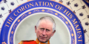 A souvenir collectible plate marking the Coronation of King Charles III ready for the May 6 coronation.
