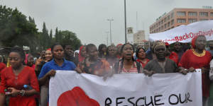 Nigerian women attend a demonstration calling on the government to rescue the kidnapped schoolgirls.