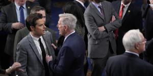 Kevin McCarthy,right,in an argument with Matt Gaetz during a motion to adjourn after the 14th round (it was defeated).