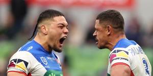 A passionate Leo Thompson with Dane Gagai.