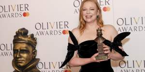 Sarah Snook,winner of the best actress award for “The Picture Of Dorian Gray”,poses for photographers in the winner’s room during the Olivier Awards.