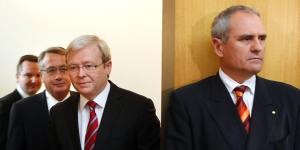 Ken Henry,right,Kevin Rudd and Wayne Swan at the release of Henry’s tax reform paper in 2010. Key elements of the package contributed to the end of Rudd’s first term as prime minister.