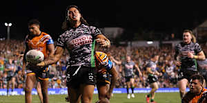 Kaeo Weekes in the Raiders’ custom jersey for the Anzac Round.