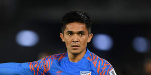 Sunil Chhetri playing for India in 2019 in Dubai.