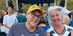 Kit Ayars and Cindy Abbott at a Kamala Harris rally in Pittsburgh.